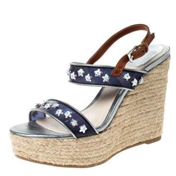 Pre Owned Dior Brown/Blue Flower Embellished Wedge Platform Espadrille Sandals Size 38.5
