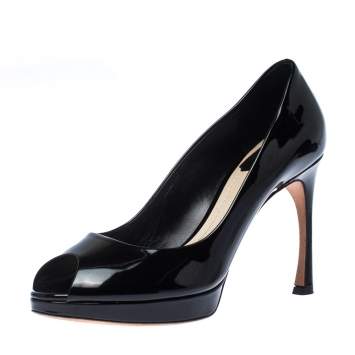 Pre Owned Christian Dior Black Patent Leather Diorella Peep Toe Pumps Size 38