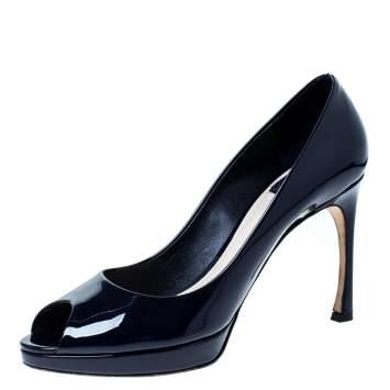 Pre Owned Dior Navy Blue Patent Leather Diorella Peep Toe Pumps Size 40