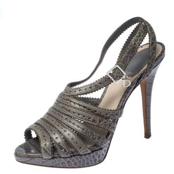 Pre Owned Dior Grey Crocodile Bonnie Strappy Peep Toe Platform Sandals Size 38.5
