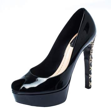 Pre Owned Dior Black Patent Leather Cannage Heel Peep Toe Pumps Size 36