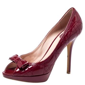 Pre Owned Dior Red Patent Leather Cannage Quilt Peep Toe Pumps Size 39.5