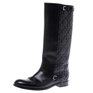 Pre Owned Dior Black Cannage Leather City Knee High Boots Size 38 