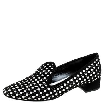 Pre Owned Dior Black/White Suede and Leather Cut Out Detail Smoking Flats Size 37
