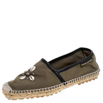 Pre Owned Dsquared2 Khaki Canvas Shell Embellished Espadrille Flats Size 39