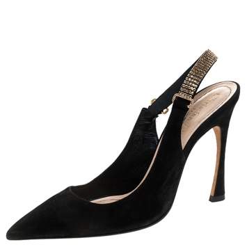 Pre Owned Dior Black Suede Crystal Embellished Slingback Sandals Size 37