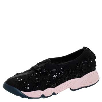 Pre Owned Dior Black Sequins Embellished Mesh Fusion Slip On Sneakers Size 37