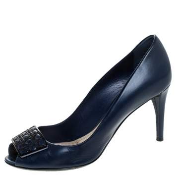 Pre Owned Dior Blue Leather Cannage Metal Bow Peep Toe Pumps Size 37.5
