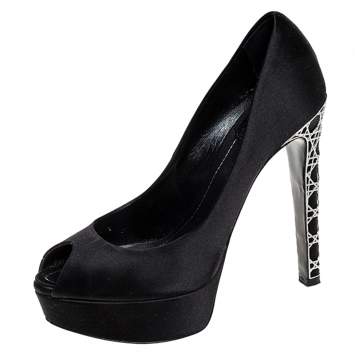 Pre Owned Dior Black Satin Cannage Heel Peep Toe Platform Pumps Size 36.5