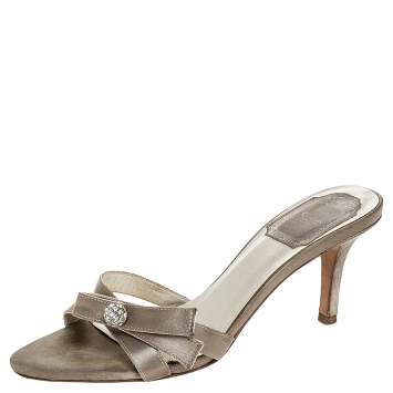 Pre Owned Christian Dior Grey Satin Crystal Ball Embellished Bow Detail Slip On Mules Size 36