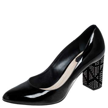 Pre Owned Dior Black Patent Leather Embellished Block Heel Pumps Size 37