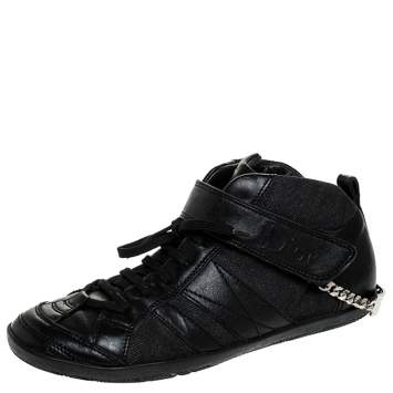 Pre Owned Dior Black Denim and Leather Logo Chain Lace Sneakers Size 38