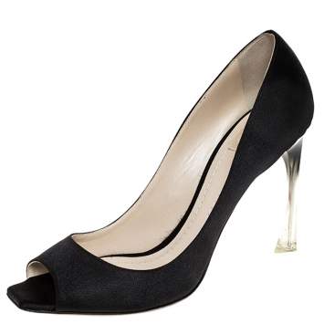 Pre Owned Dior Black Fabric Peep Toe Lucite Heel Pumps Size 41