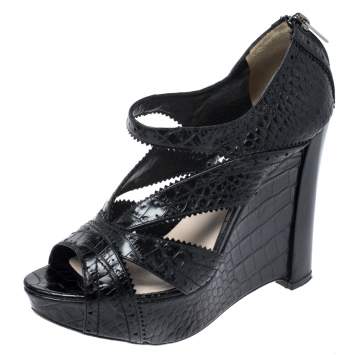 Pre Owned Dior Black Croc Leather Wedge Bonnie Sandals Size 38