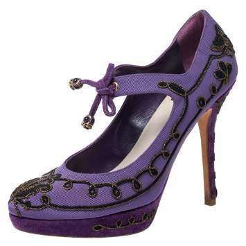 Pre Owned Dior Purple Embroidered Canvas And Suede Platform Pumps Size 38