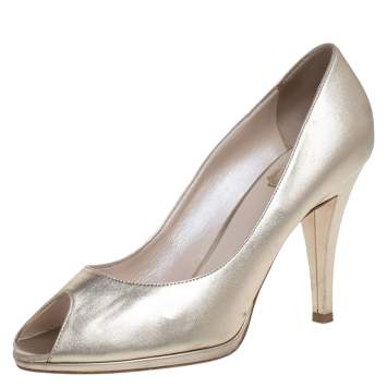 Pre Owned Dior Metallic Gold Leather Peep Toe Pumps Size 39