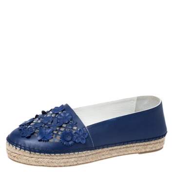 Pre Owned Dior Navy Blue Laser Cut Leather Flower Applique Espadrille Flats Size 37.5