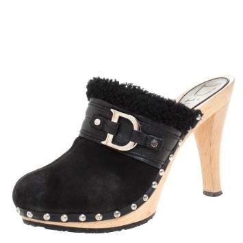 Pre Owned Dior Black Suede and Shearling Logo Buckle Clogs Size 40