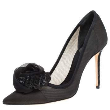 Pre Owned Dior Black Silk Midnight Garden Crystal Embellished Rosette Pointed Toe Pumps Size 37