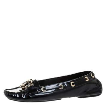 Pre Owned Dior Black Patent Leather CD Logo Slip On Loafers Size 37