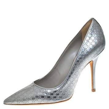 Pre Owned  Dior Metallic Silver Cannage Leather Cherie Pointed Toe Pumps Size 38