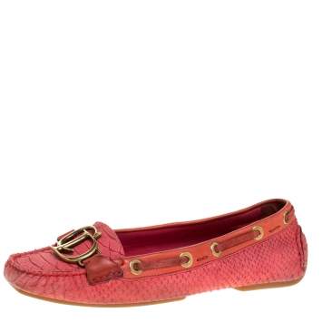 Pre Owned Dior Pink Python Leather CD Logo Loafers Size 38