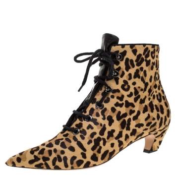 Pre Owned Dior Leopard Print Pony Hair Lace Up Kitten Heel Ankle Boots Size 40