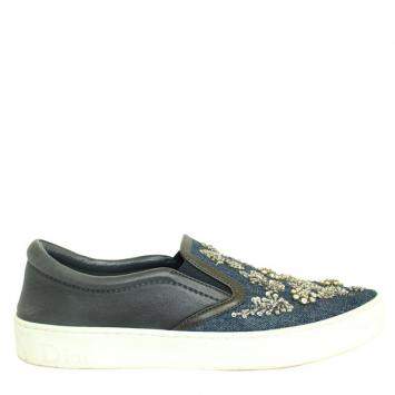 Pre Owned Dior Blue  Crystal Embellished Dark Wash Denim And Leather Happy Slip On Sneakers