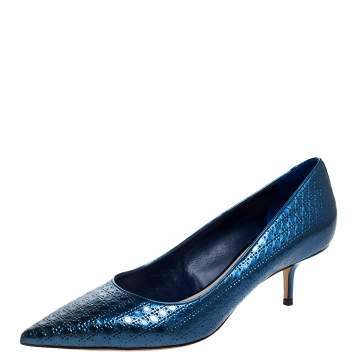 Pre Owned Dior Metallic Blue Micro Cannage patent Leather Cherie Pointed Toe Pumps Size 40