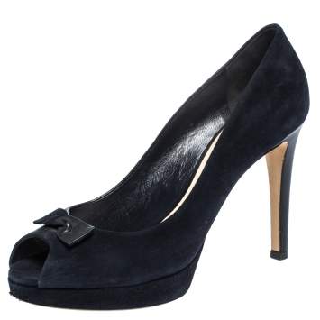 Pre Owned Dior Blue Leather and Suede Bow Peep Toe Platform Pumps Size 39.5
