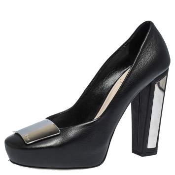 Pre Owned Dior Black Leather Logo Plaque Detail Round Toe Pumps Size 39.5