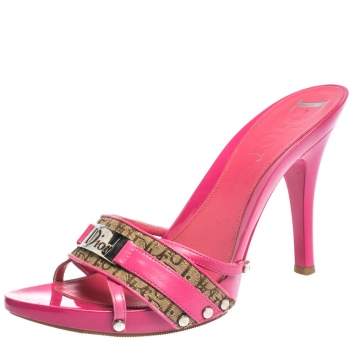 Pre Owned Dior Pink Leather and Beige Canvas Monogram Mules Size 38