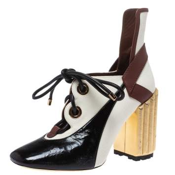 Pre Owned Dior Tricolor Patent Leather And Canvas Glorious Lace-Up Ankle Booties Size 38