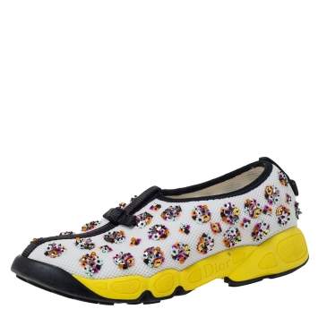 Pre Owned Dior White Mesh Fusion Floral Embellished Slip On Sneakers Size 38
