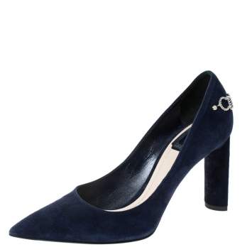 Pre Owned Dior Blue Suede CD Logo Chain Embellished Pointed Toe Pumps Size 38.5
