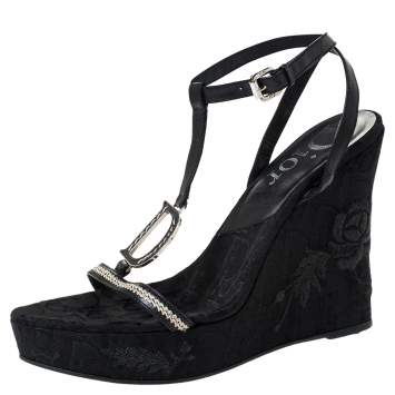 Pre Owned Dior Black Leather And Flower Embroidered Diorissima Canvas Wedge Strappy Sandals Size 38