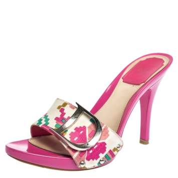 Pre Owned Dior Multicolor Printed Cotton Peep Toe Slide Clogs Size 37