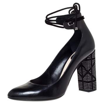 Pre Owned Dior Black Leather Stellar Block Heel Ankle Tie Pumps Size 39.5 