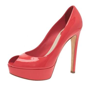 Pre Owned Dior Coral Pink Patent Leather Peep Toe Platform Pumps Size 38