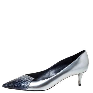 Pre Owned Dior Metallic Silver/Blue Leather Cannage Cap Toe Spade Pumps Size 40.5
