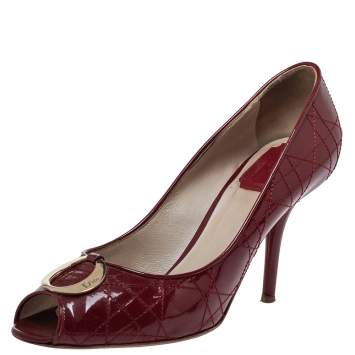 Pre Owned Dior Red Cannage Patent Leather Peep Toe Pumps Size 39