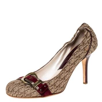 Pre Owned Dior Beige Logo Canvas And Leather Trim Buckle Detail Pumps Size 37.5