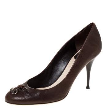 Pre Owned Dior Brown Leather CD Logo Bow Round Toe Pumps Size 38.5