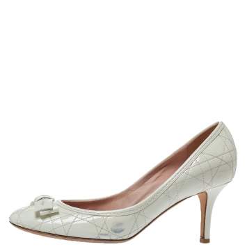 Pre Owned Dior White Cannage Patent Leather Bow Pumps Size 38