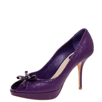 Pre Owned Dior Purple Cannage Leather Bow Platform Pumps Size 39