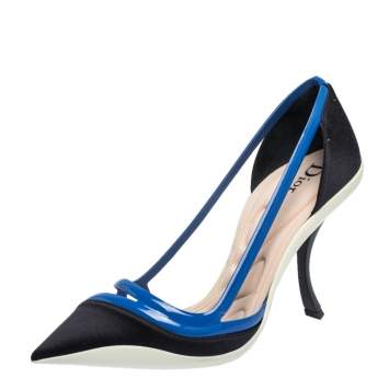 Pre Owned Dior Two Tone Blue Satin and Patent Leather Pointed Toe Curved Heel Pumps Size 39