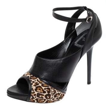 Pre Owned Dior Leopard Print Pony Hair And Black Lizard Embossed Leather Ankle Strap Pumps Size 38
