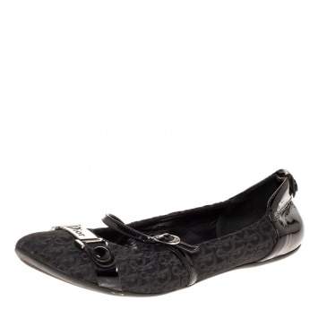 Pre Owned Dior Black Oblique Canvas and Patent Leather Mary Jane Scrunch Ballet Flats Size 38