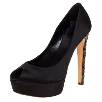Pre Owned Dior Black Satin Peep Toe Cannage Heel Platform Pumps Size 36.5