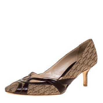 Pre Owned Dior Beige Logo Canvas and Cut-Out Leather Trim Pointed Toe Pumps Size 39